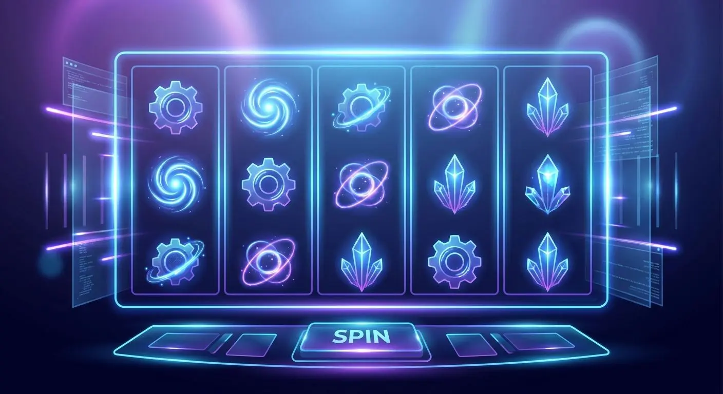 Grelha ilustrativa de slots com rolos e símbolos