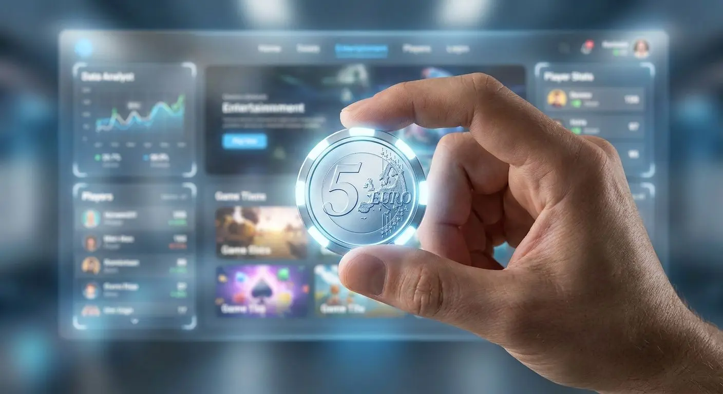 Ilustração de bónus de 5 euros com interface digital ao fundo