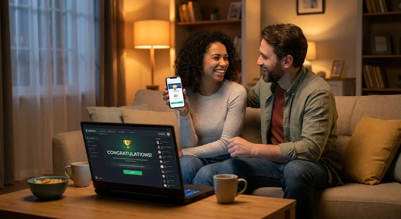 Dois amigos a celebrar uma vitória online em ambiente doméstico