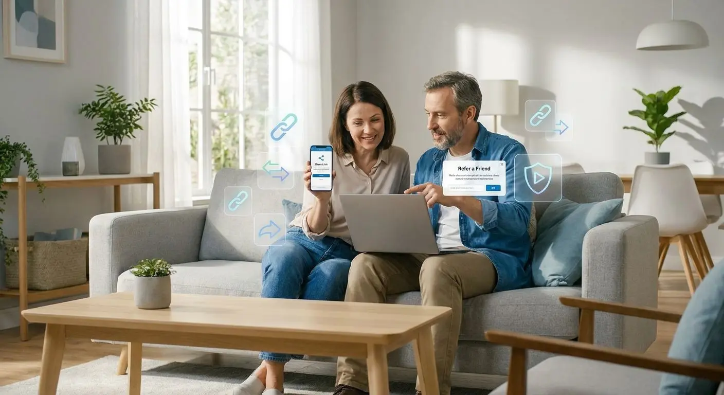 Amigos a partilhar link de convite online num ambiente descontraído