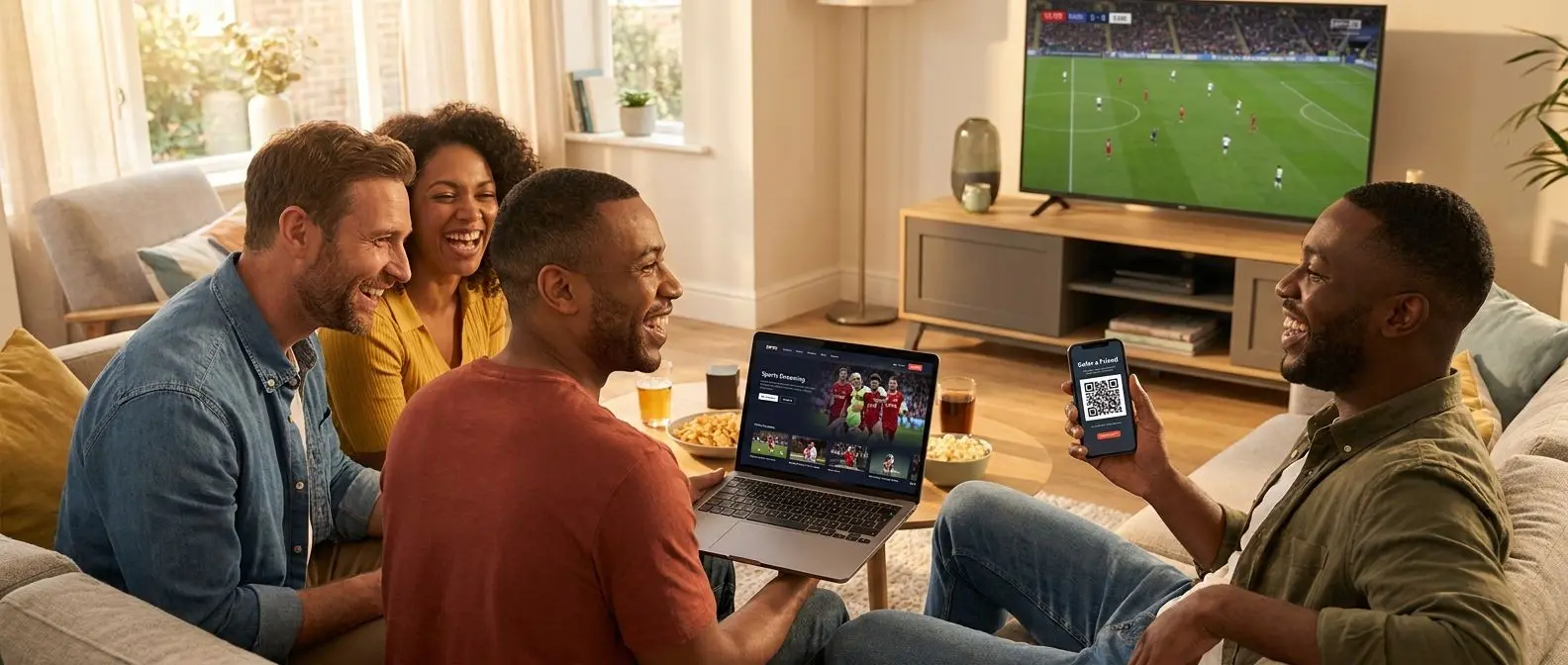 Amigos a partilhar convite online enquanto acompanham futebol em casa