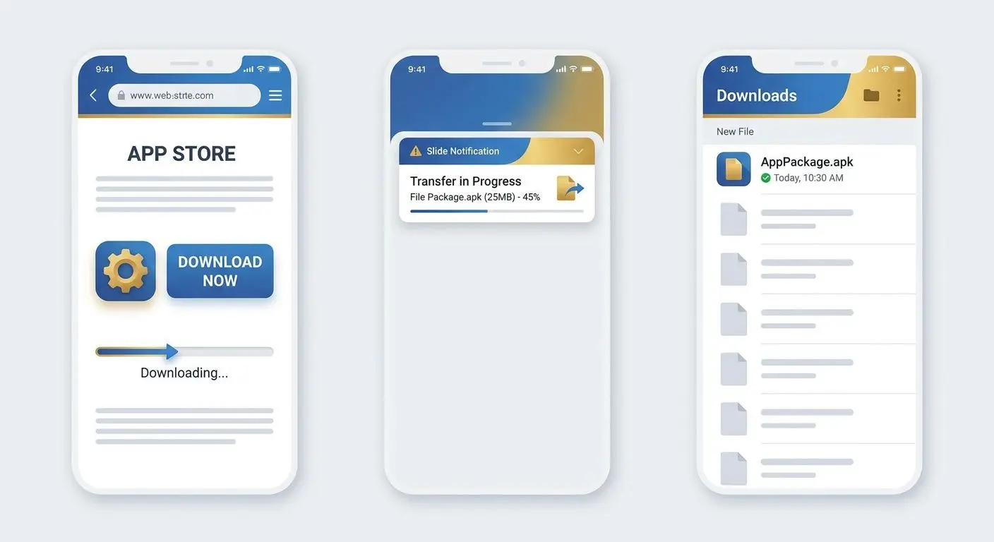 Sequência visual do download do APK no Android