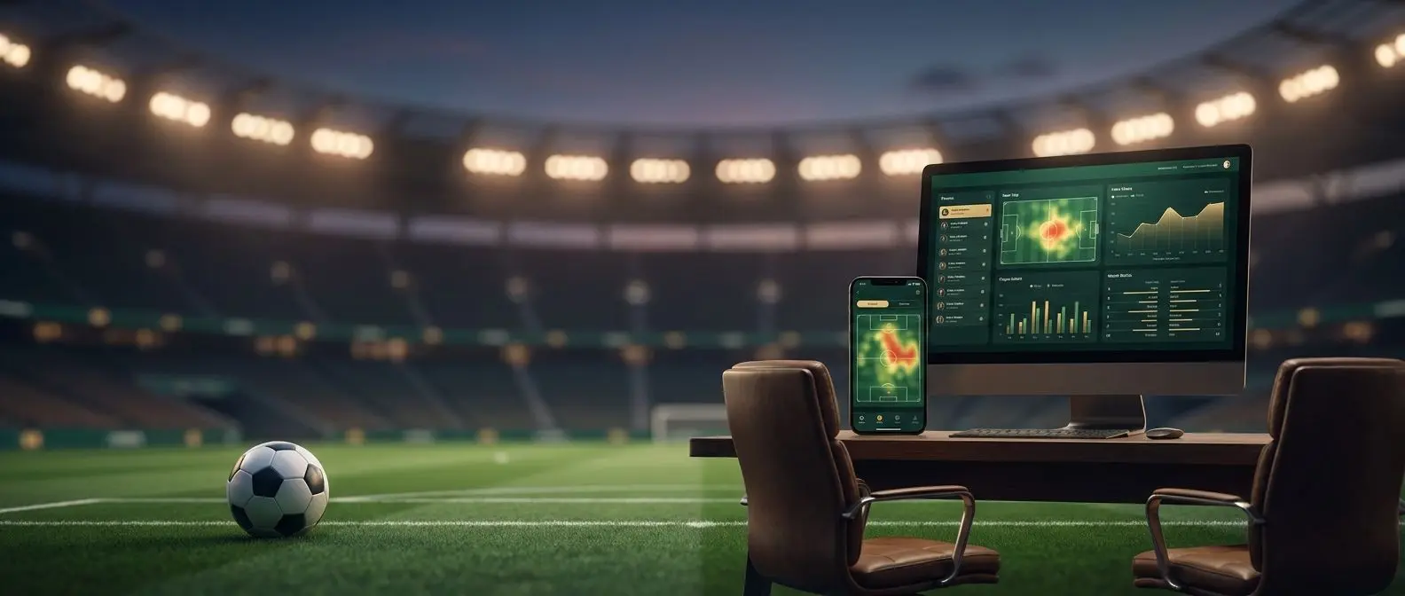 Banner com futebol em destaque e interface digital de acompanhamento desportivo