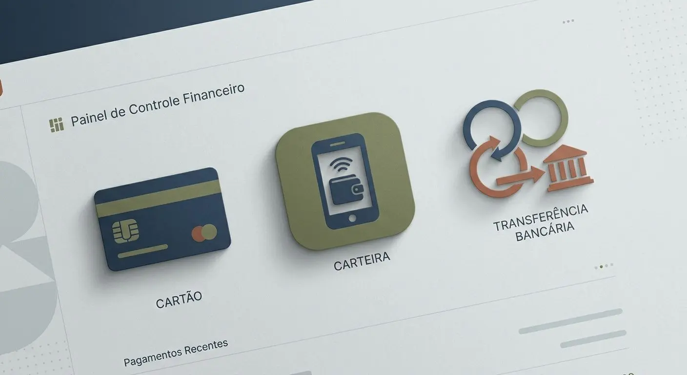 Métodos de pagamento digitais como cartão, carteira e transferência