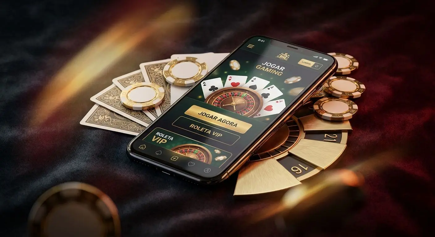Smartphone com interface da app Solverde e elementos de jogos num banner promocional