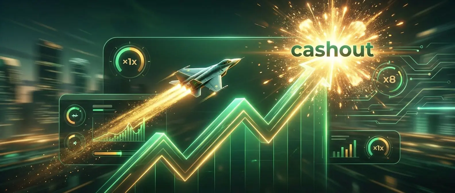 Banner com cena dinâmica de crash game e multiplicador em subida