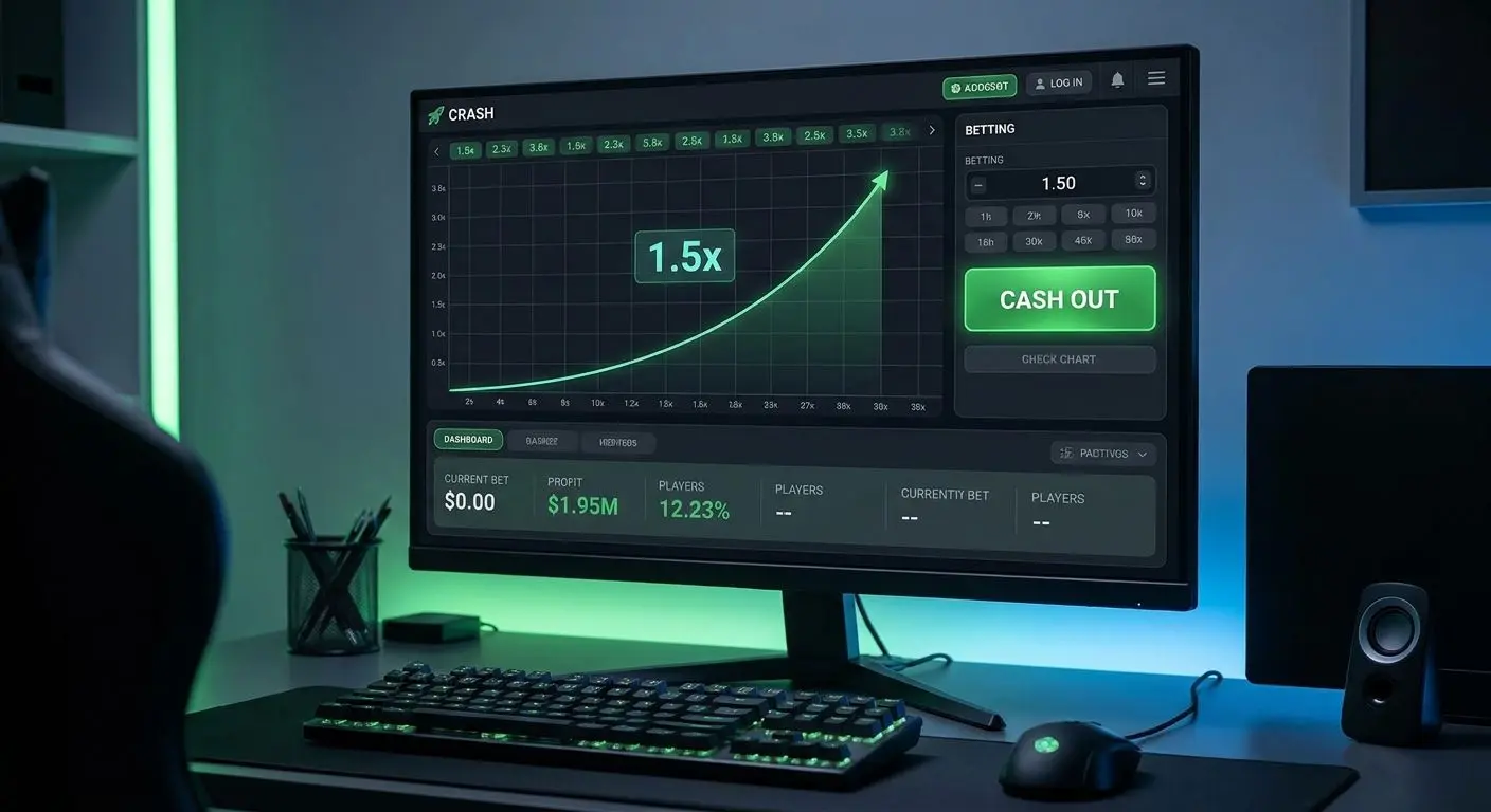Interface de crash game com gráfico e botão de cash out