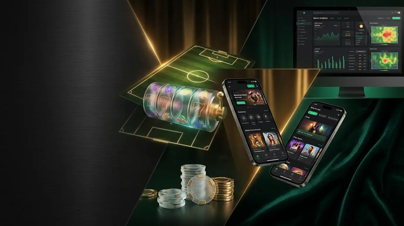 Banner com elementos de futebol, jogos online e interfaces digitais em estilo editorial