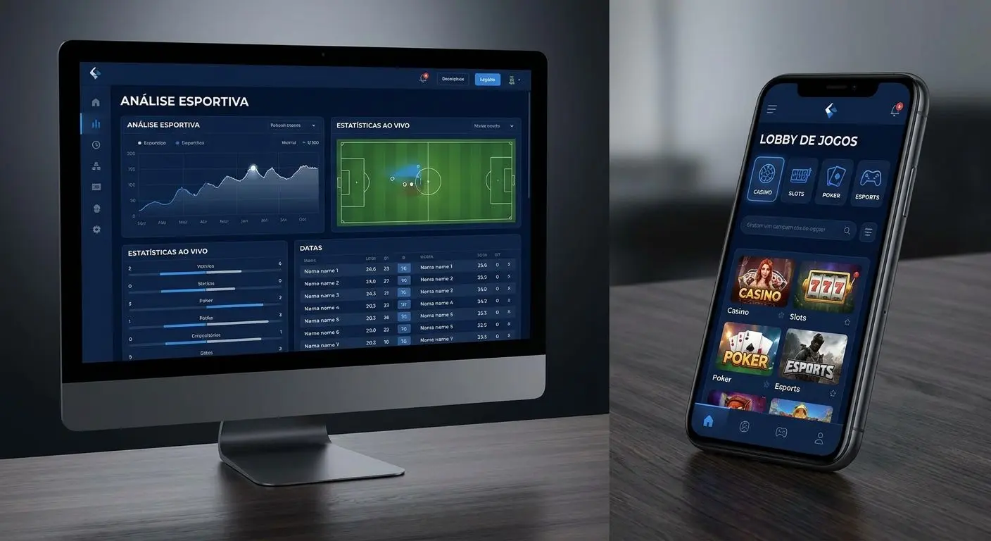 Mockup de plataforma digital em desktop e mobile com secções de desporto e jogos