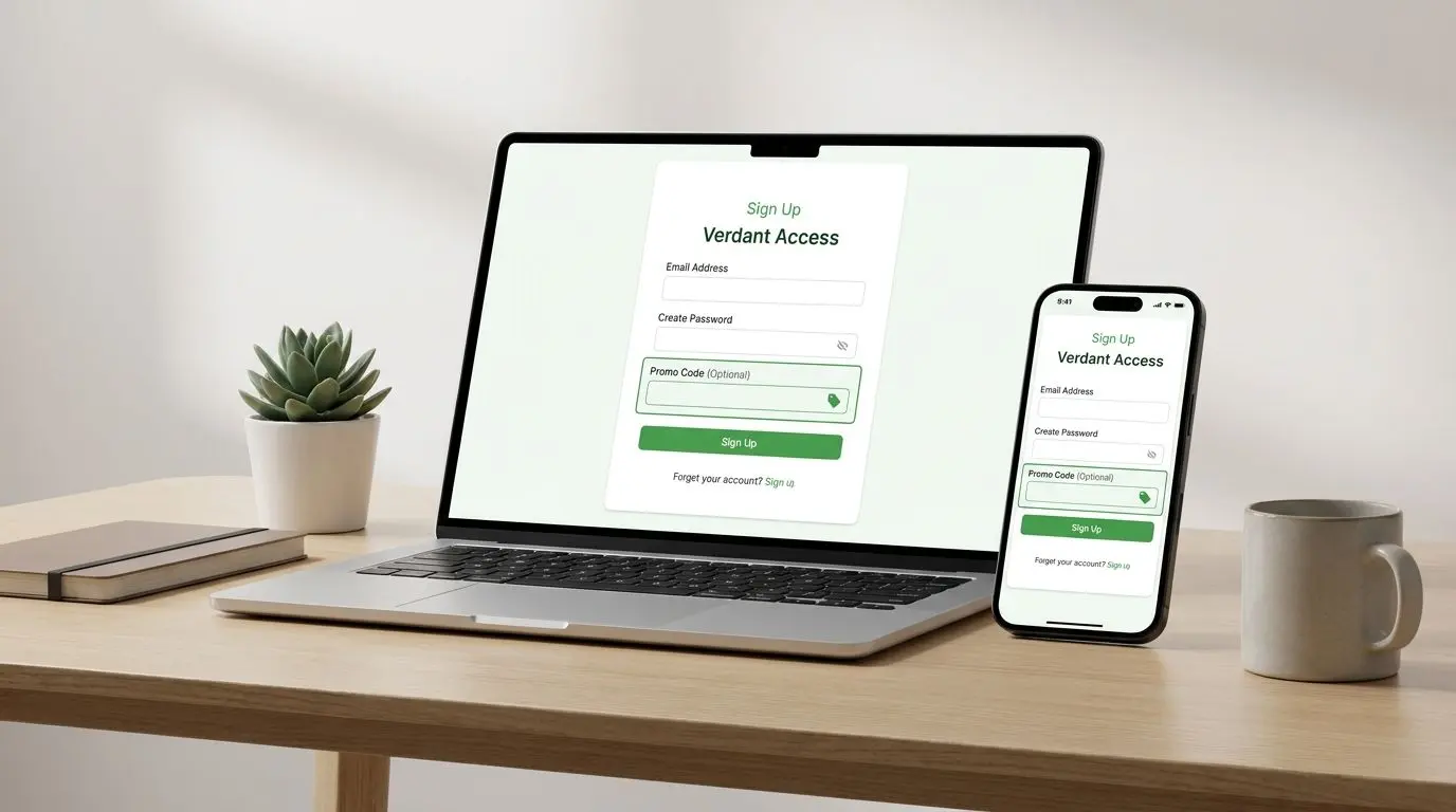 Ecrã de registo com campo para código promocional em estilo visual neutro