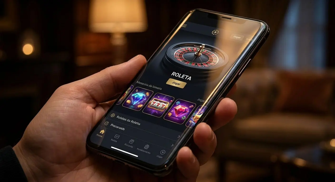 Jogos digitais estilo roleta e slots visíveis num iPhone