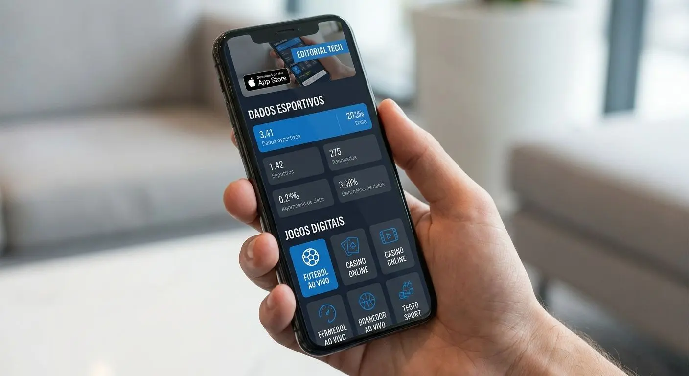iPhone na mão com interface de app móvel de entretenimento digital em estilo iOS