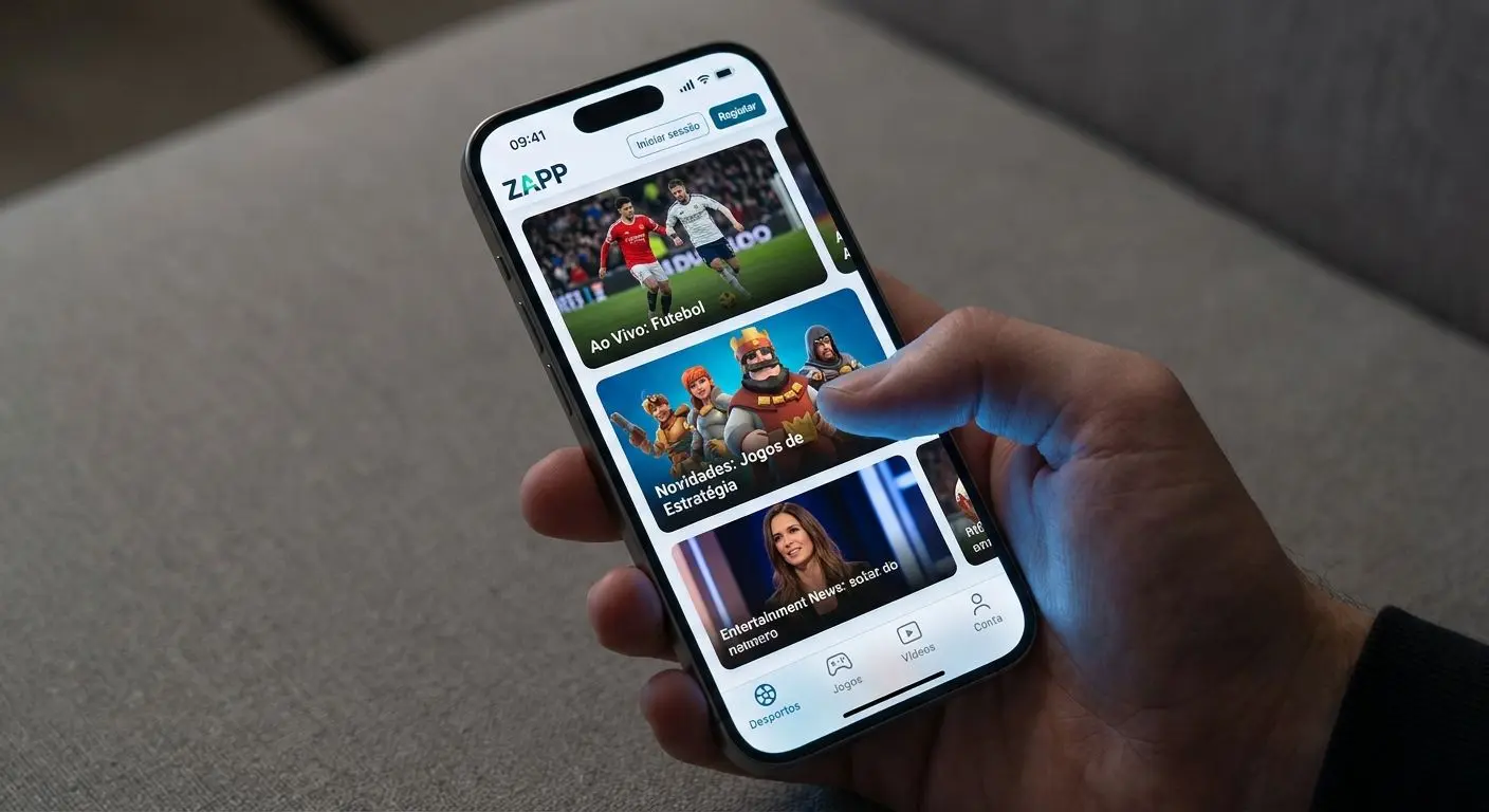 Ecrã inicial da app no iPhone com login, registo e navegação principal