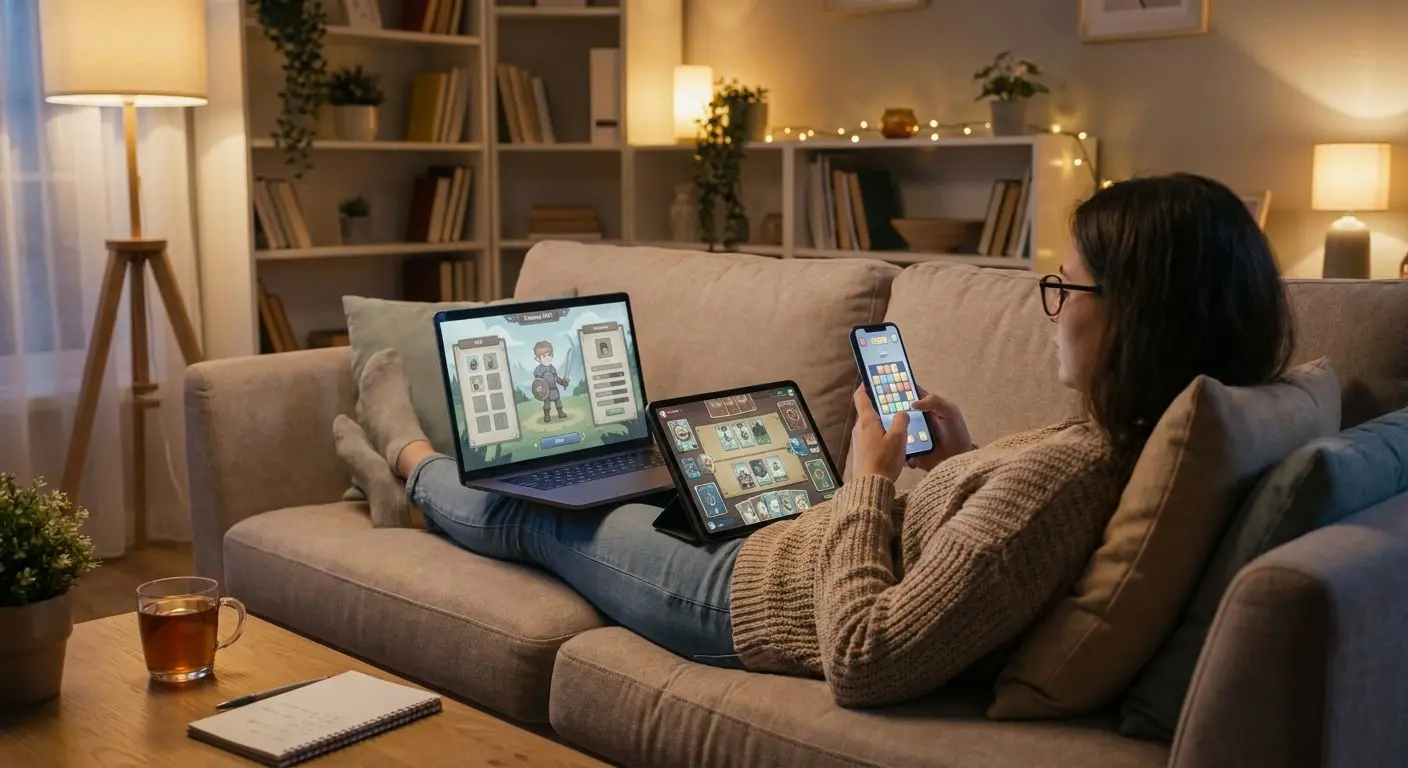 Utilizador com laptop, smartphone e tablet a explorar jogos online