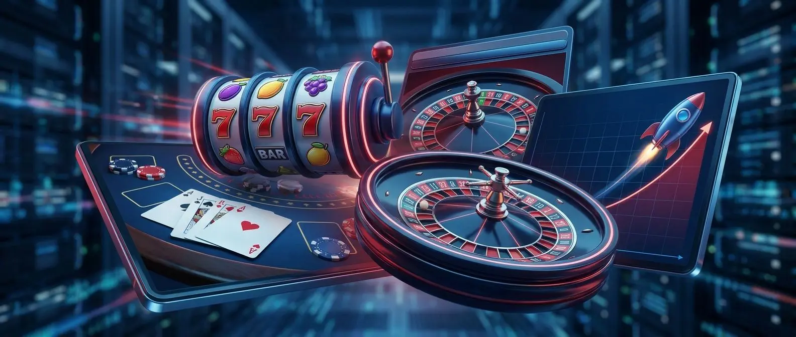 Colagem visual com slots, roleta, cartas e jogo rápido estilo crash