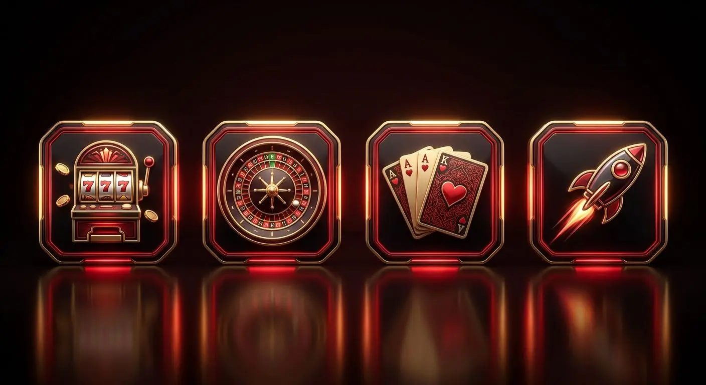 Ícones de slots, roleta, cartas e crash games