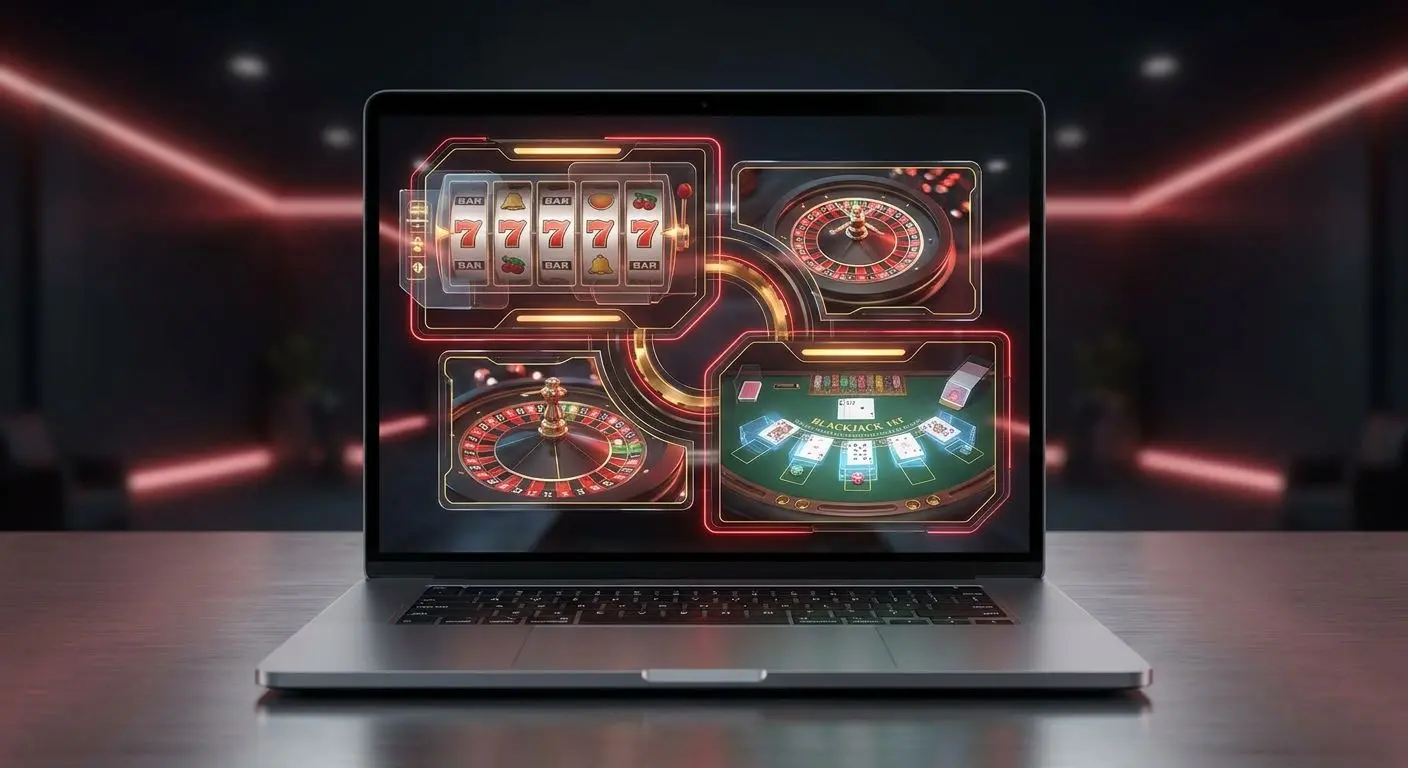 Interface com slots, roleta e cartas numa visão geral de jogos online