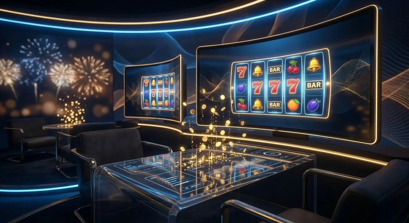 Ambiente digital com rolos de slots e símbolos clássicos em destaque