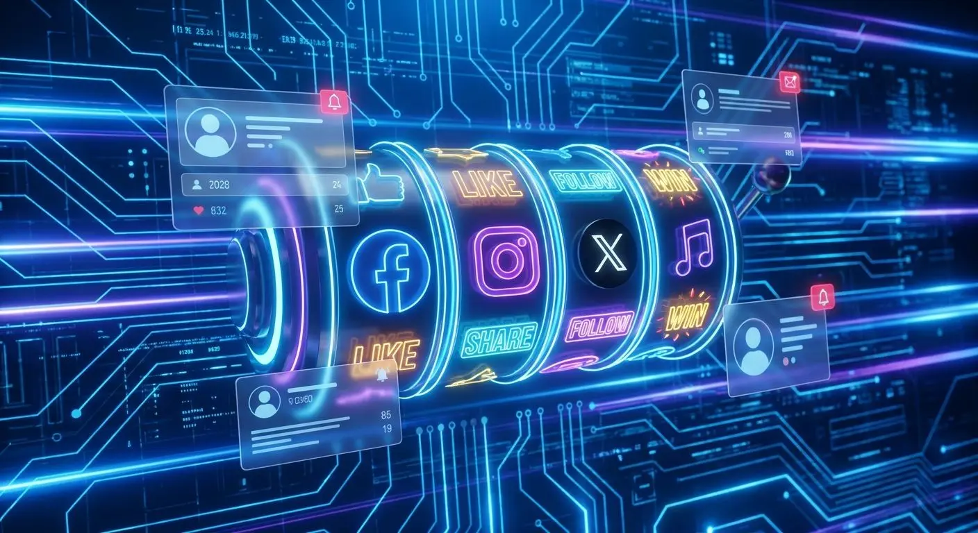 Montagem digital com redes sociais e elementos de slots