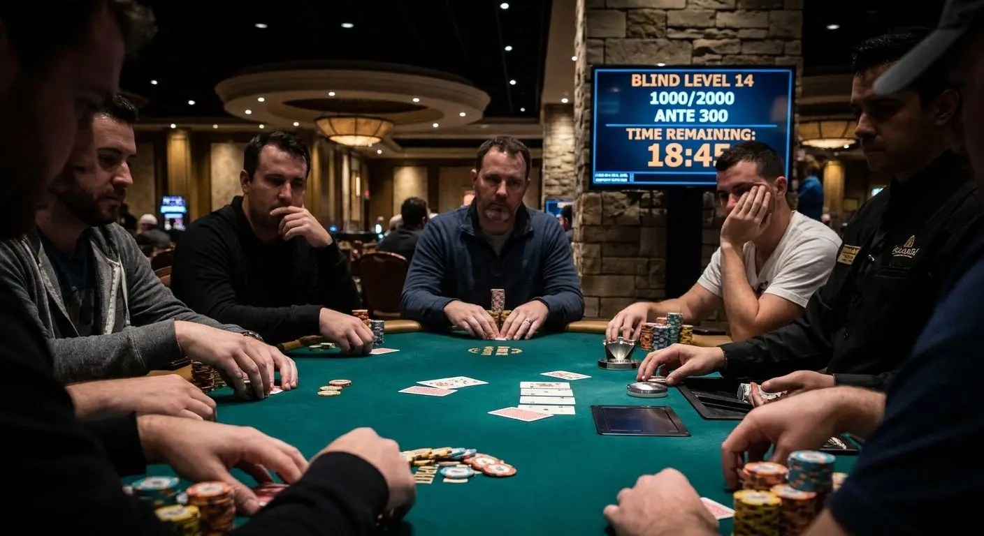 Mesa de poker com fichas, cartas e relógio de blinds