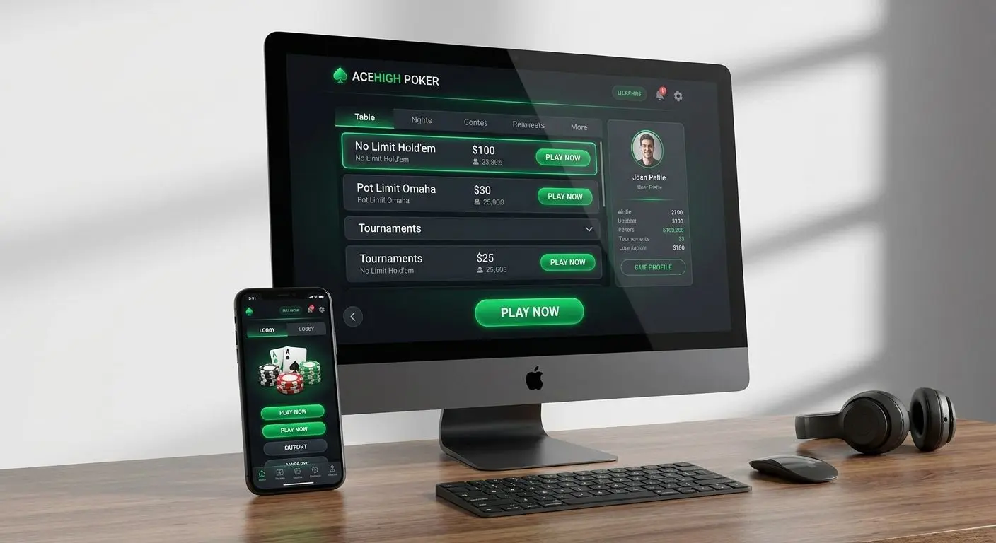 Mockup de lobby de poker online em computador e telemóvel