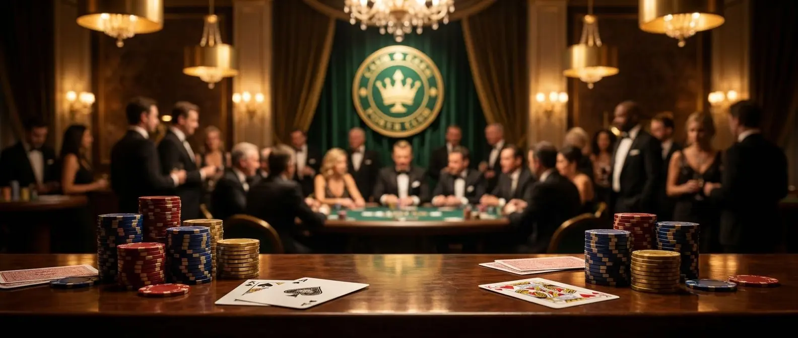 Banner com mesa de poker, fichas e cartas em ambiente de torneio ao vivo