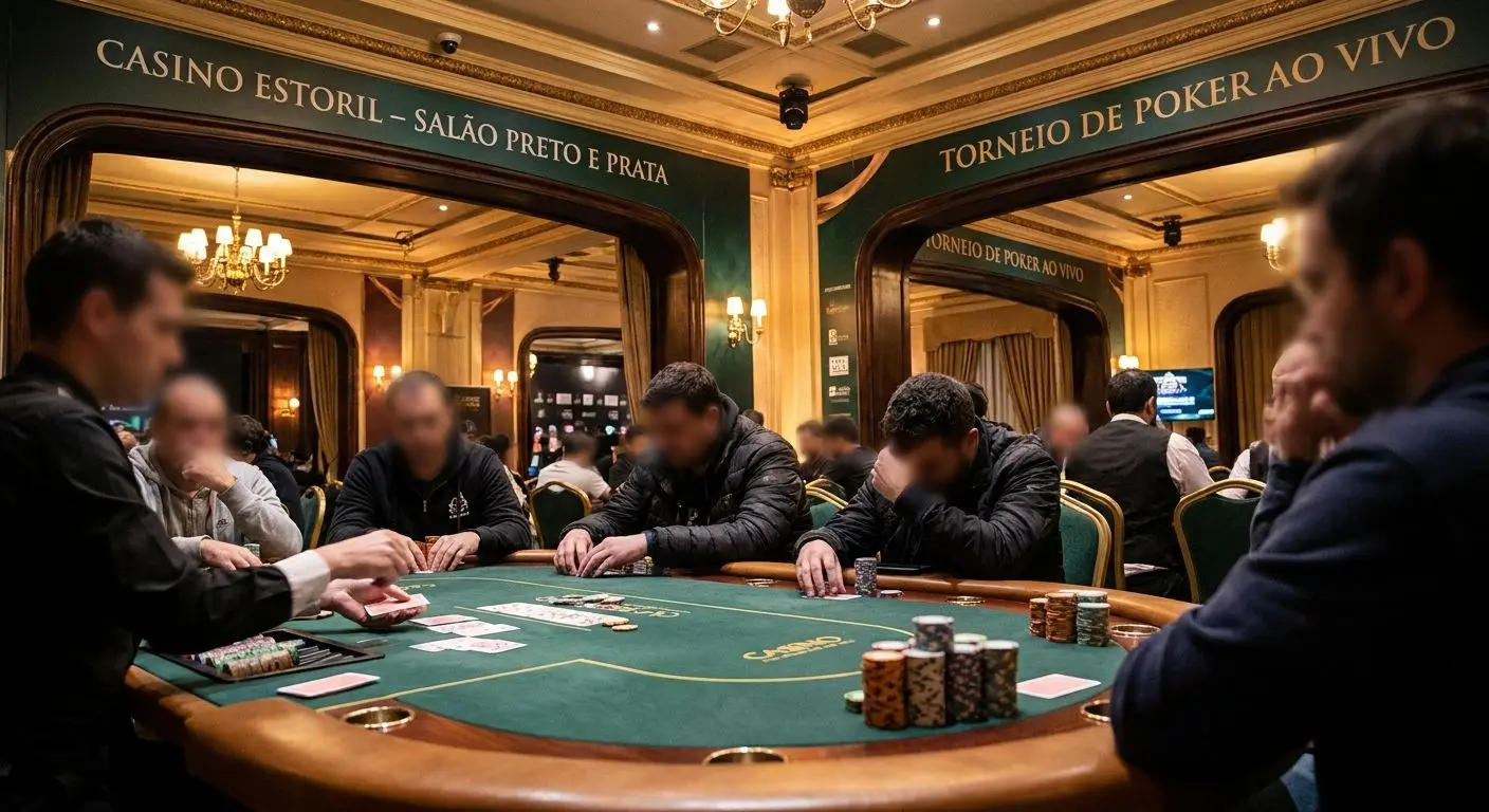 Ambiente de grande torneio de poker ao vivo com branding Solverde