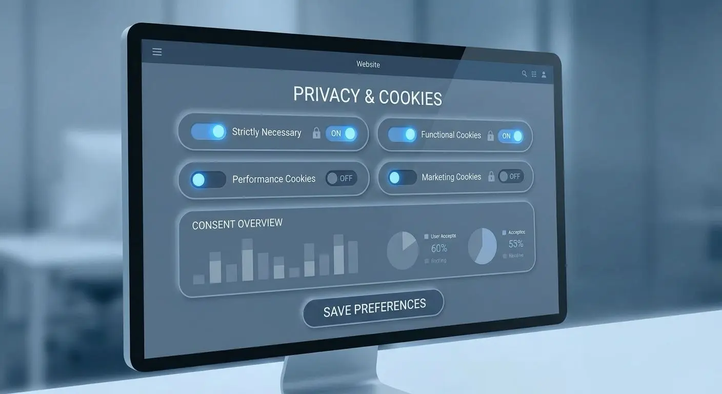 Painel de gestão de preferências de cookies e privacidade