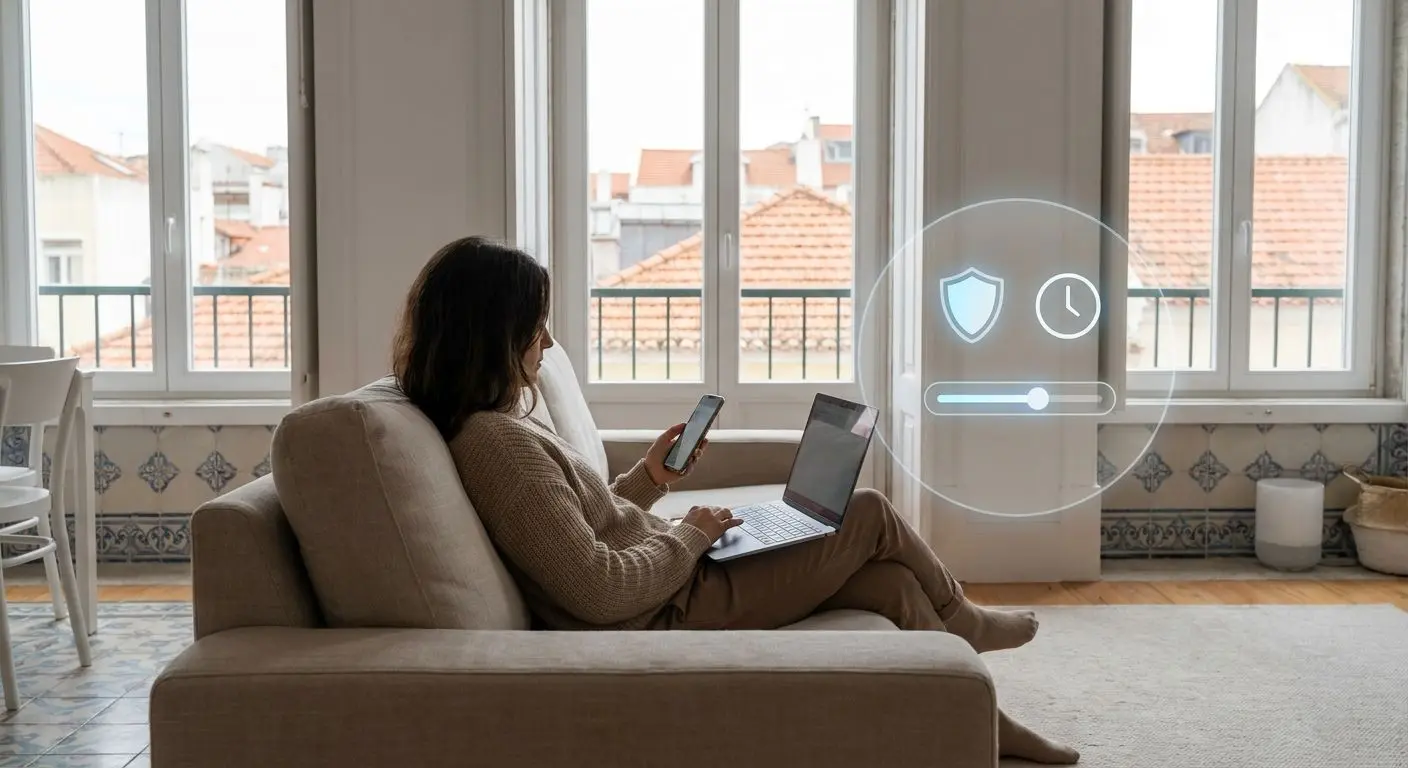Jogador sereno com controlo de tempo e limites numa interface digital