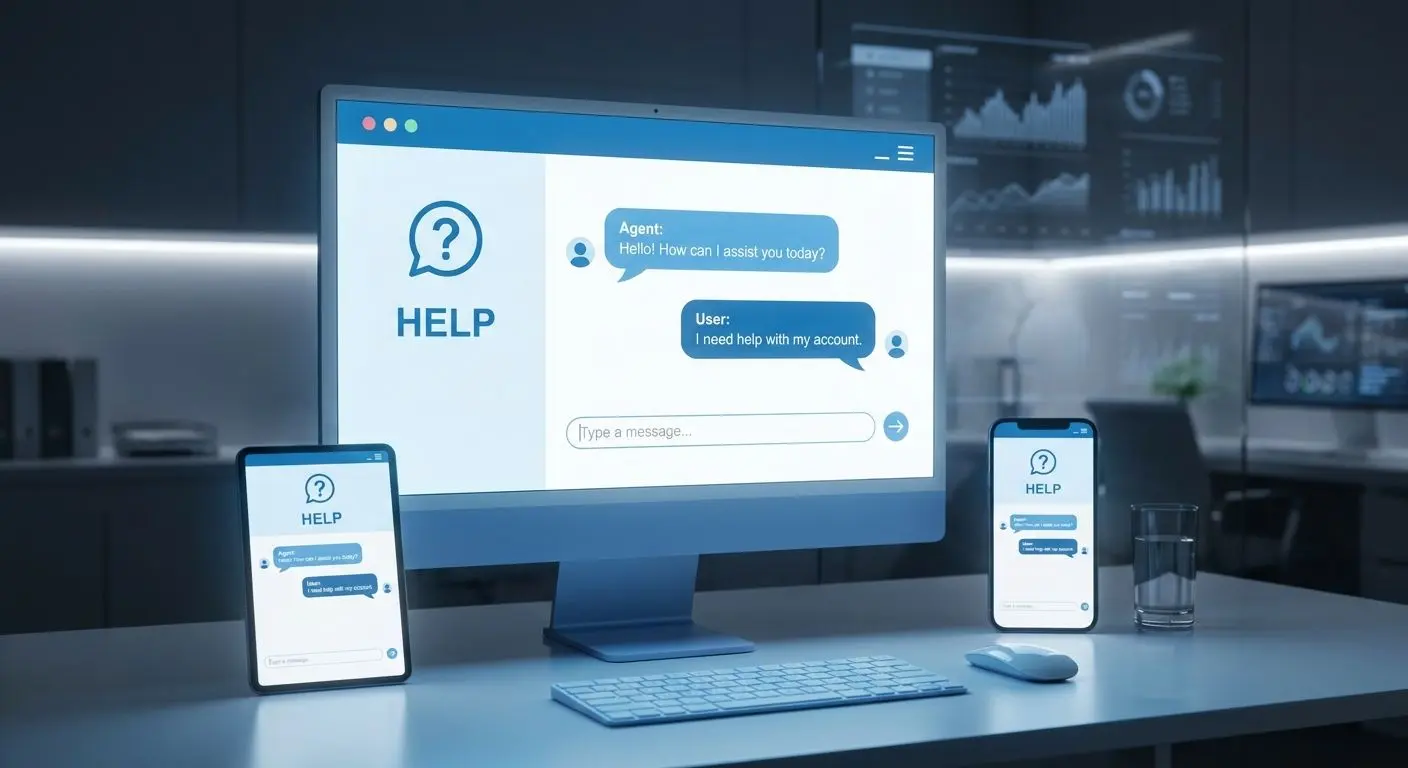 Interface de chat de apoio ao cliente em computador e telemóvel