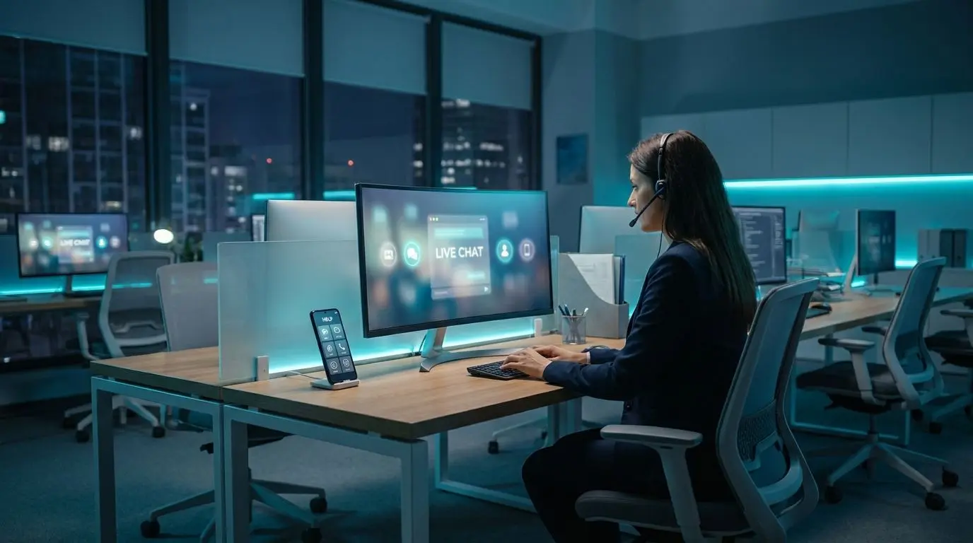 Operador de apoio ao cliente com interface de chat ao vivo num ambiente digital moderno